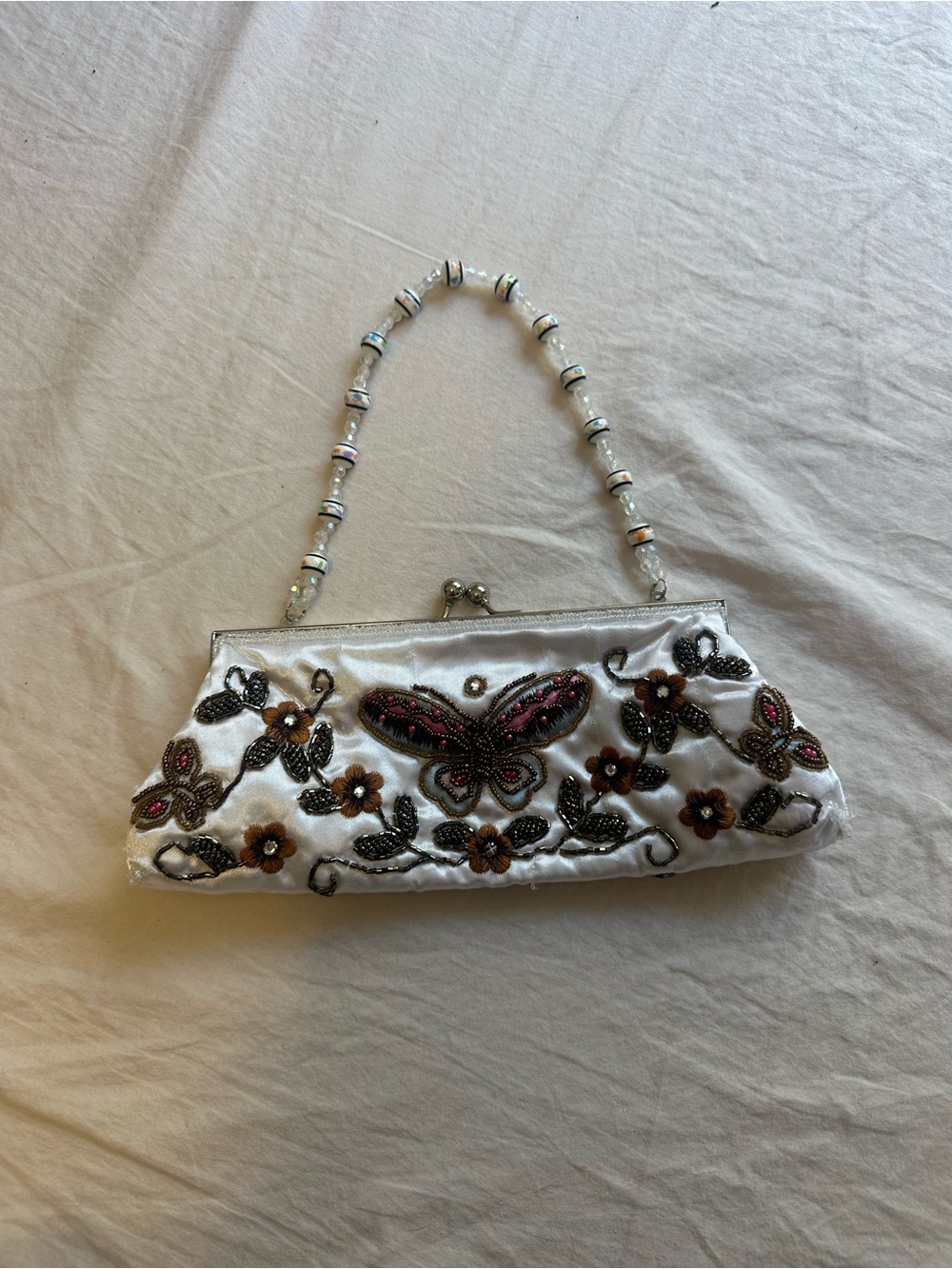 Embellished White Satin Butterfly Beaded Handbag